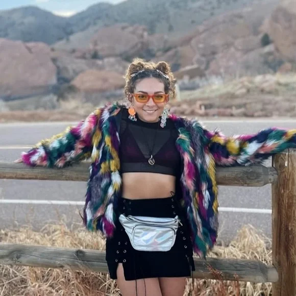 Multicolor Faux Fur Coat Long Sleeve Open Front Luxury Colorful Fuzzy Jacket - Picture 9 of 13